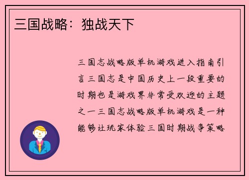 三国战略：独战天下